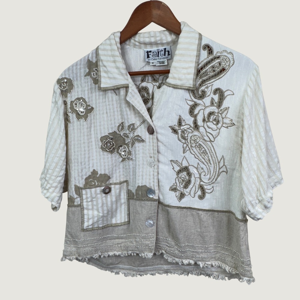 Faith by Celia Forrester Blouse M Cream Boho Embroidered Beaded Linen‎ Blend Top